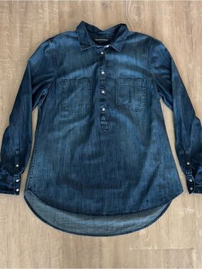 Merona Denim Tunic Shirt 100% Cotton Dark Blue Women's Large Long Sleeve Pockets